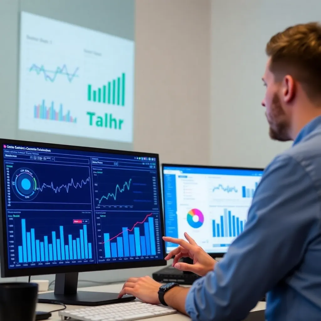 Dátový analytik pracujúci s grafmi a tabuľkami