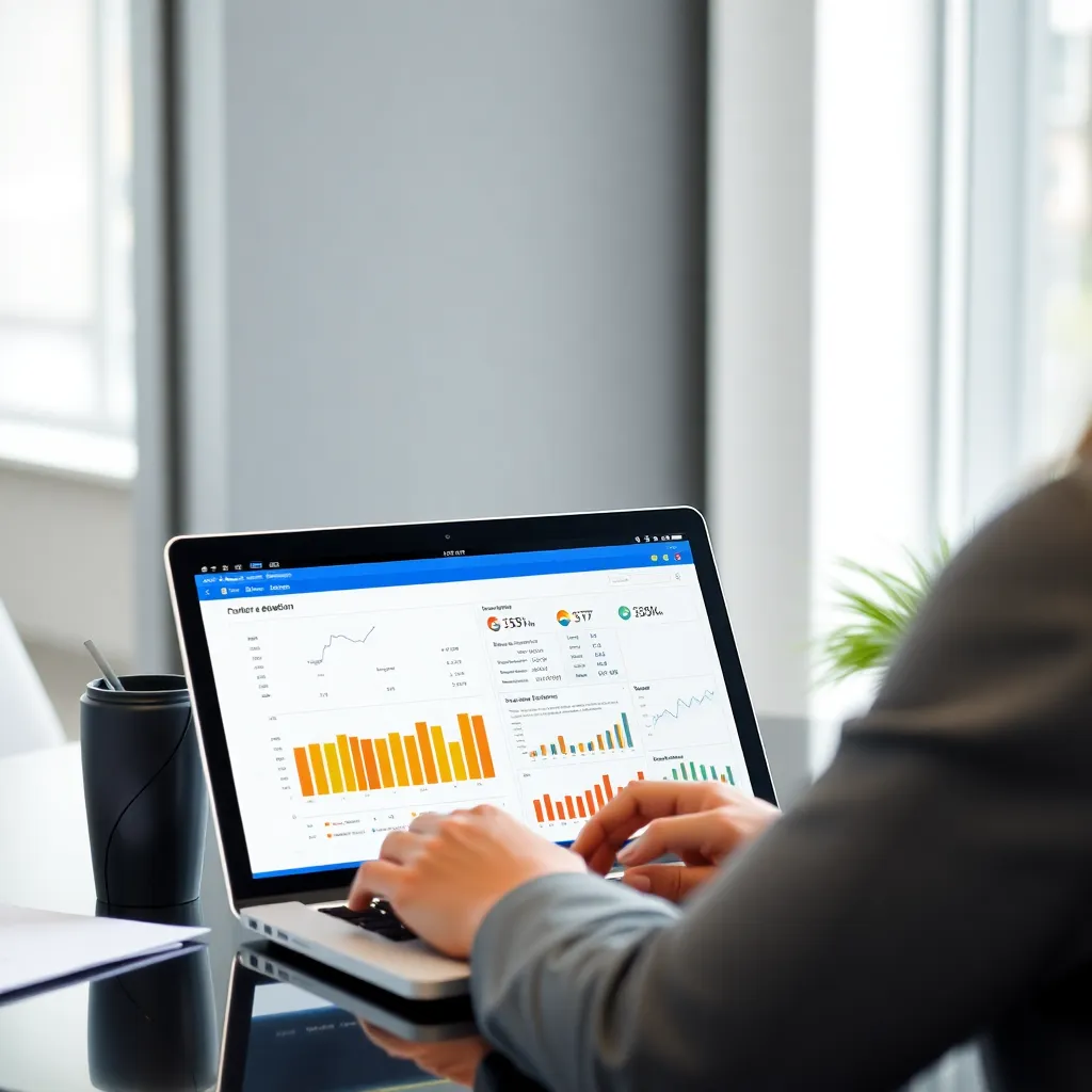 Profesionál analyzujúci dáta na notebooku s grafmi a tabuľkami