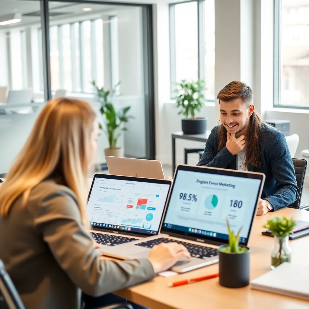 Profesionáli študujúci digitálny marketing na notebookoch